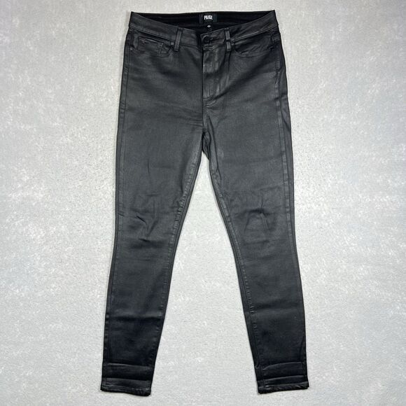 PAIGE Jeans Women’s 31 Hoxton Ankle Peg Black Fog Luxe Wax Coating Leather - Picture 1 of 15
